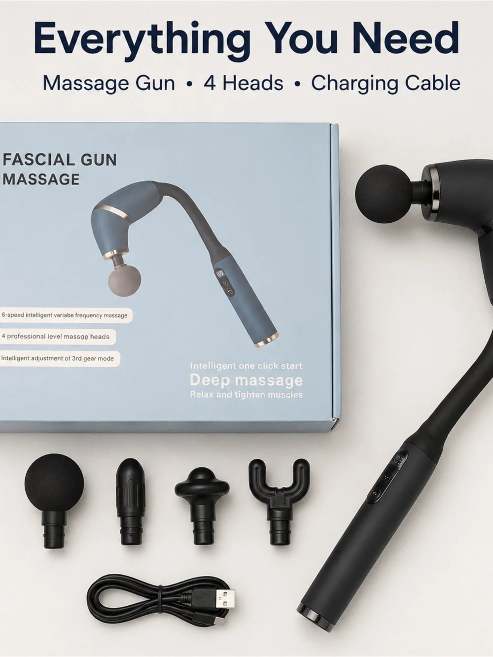 Black Percussion Massage Gun with 4 Heads - Deep Massage